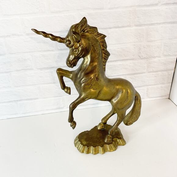 Vintage Solid Brass Unicorn Figurine Statue Collector Rearing Mystical Mythical - Picture 3 of 8